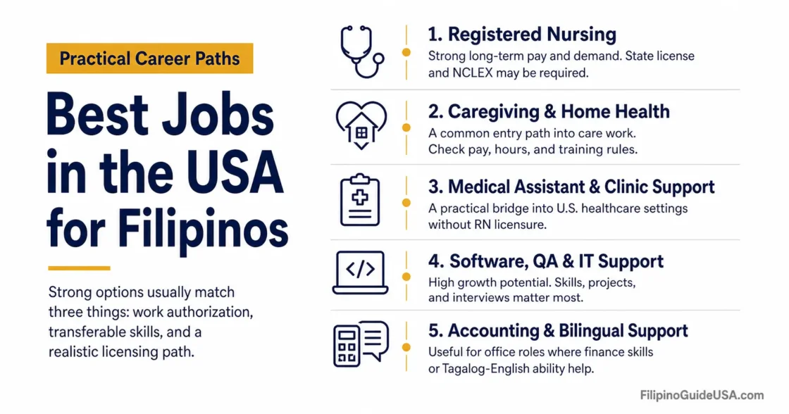 Filipinos find their best jobs in the USA with opportunities in healthcare, tech, and finance sectors.