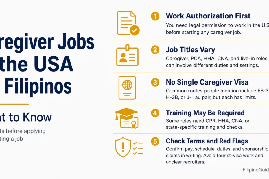 Filipinos pursuing caregiver jobs in the USA find valuable tips for work authorization and job search process.