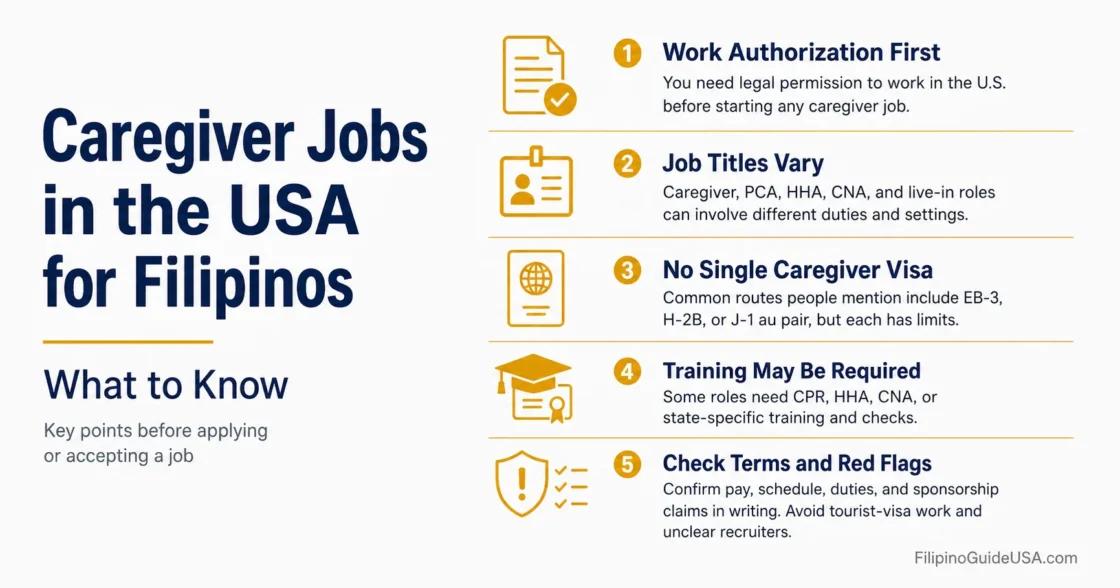 Filipinos pursuing caregiver jobs in the USA find valuable tips for work authorization and job search process.