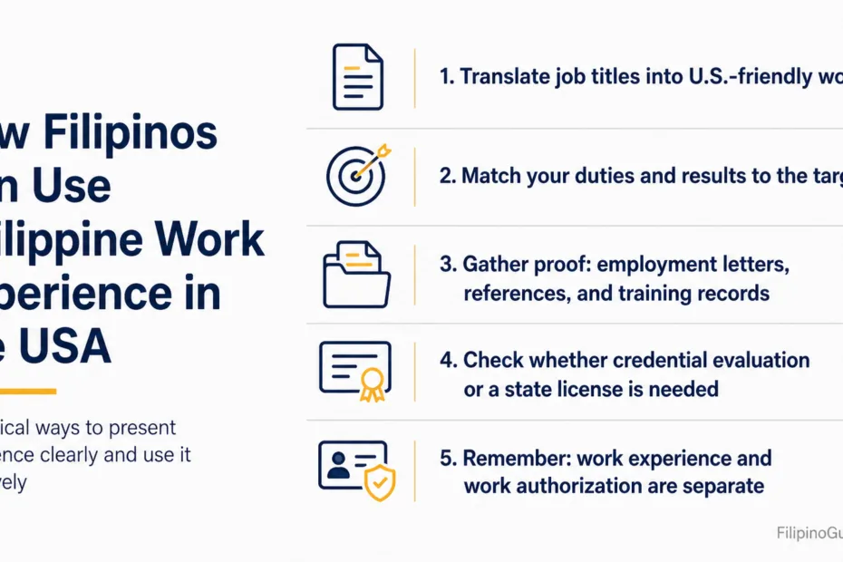 Filipinos can leverage their Philippine work experience in the USA for career growth and new job opportunities.