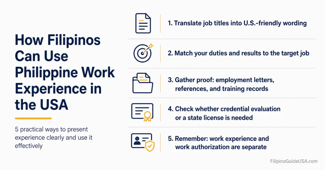 Filipinos can leverage their Philippine work experience in the USA for career growth and new job opportunities.