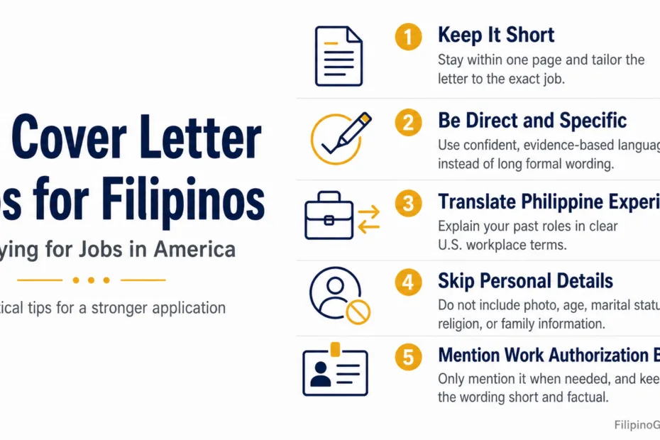 Filipinos in America receive US cover letter tips to improve job applications and stand out in the US job market.