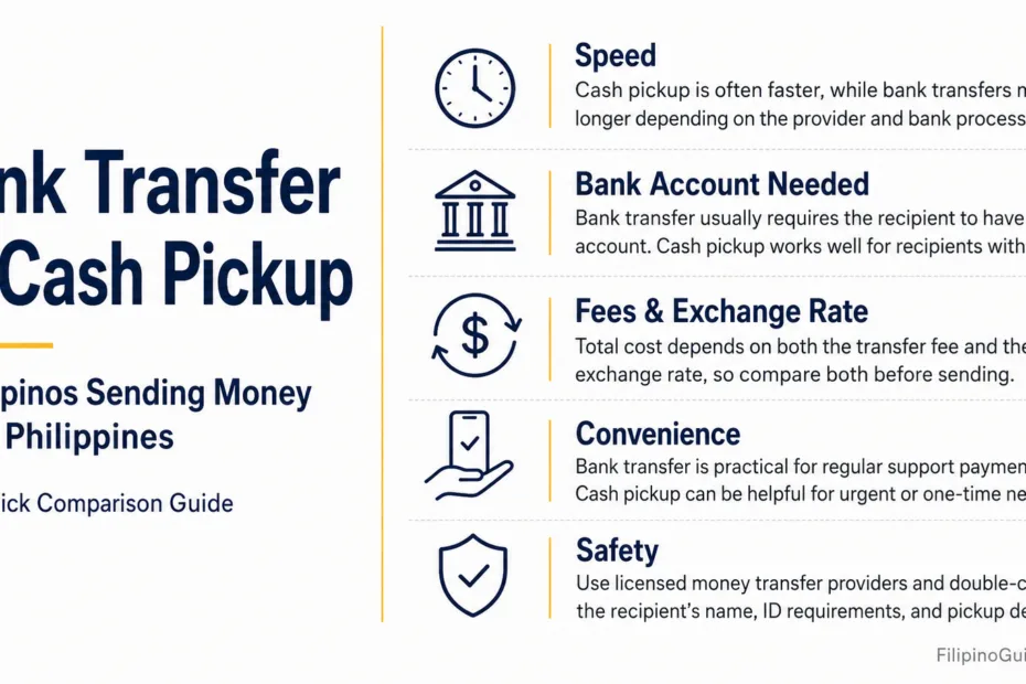 Filipinos in the US choosing between bank transfer and cash pickup when sending money to the Philippines.