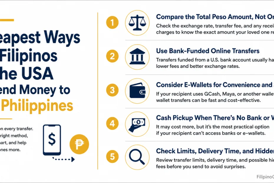 Filipinos in the USA can save on money transfer fees using cheap methods to send money to the Philippines.