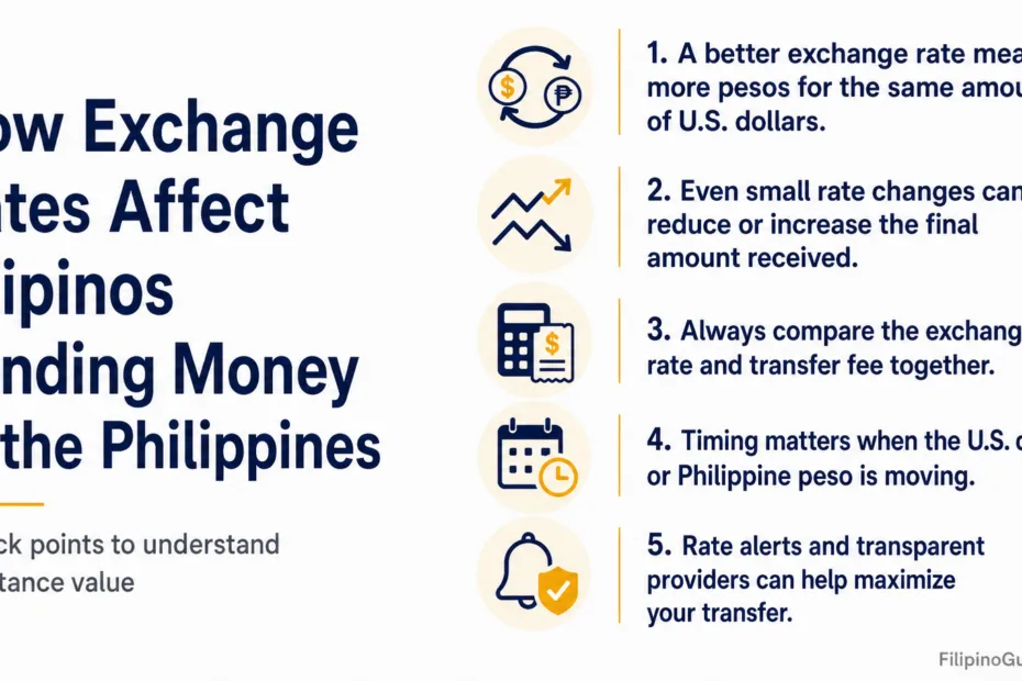 Filipino migrants send money home, with exchange rates influencing the amount received in the Philippines.