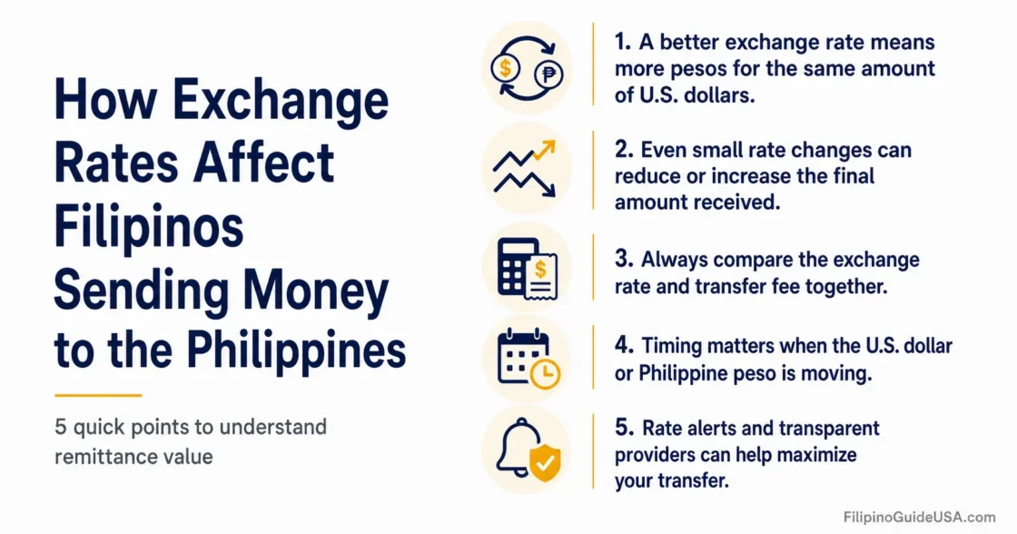 Filipino migrants send money home, with exchange rates influencing the amount received in the Philippines.