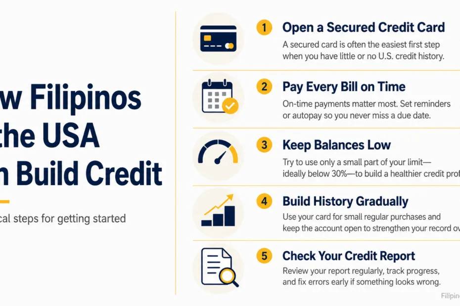 Filipinos in the USA can build credit with simple steps like opening a secured account, paying bills on time, and checking credit reports.
