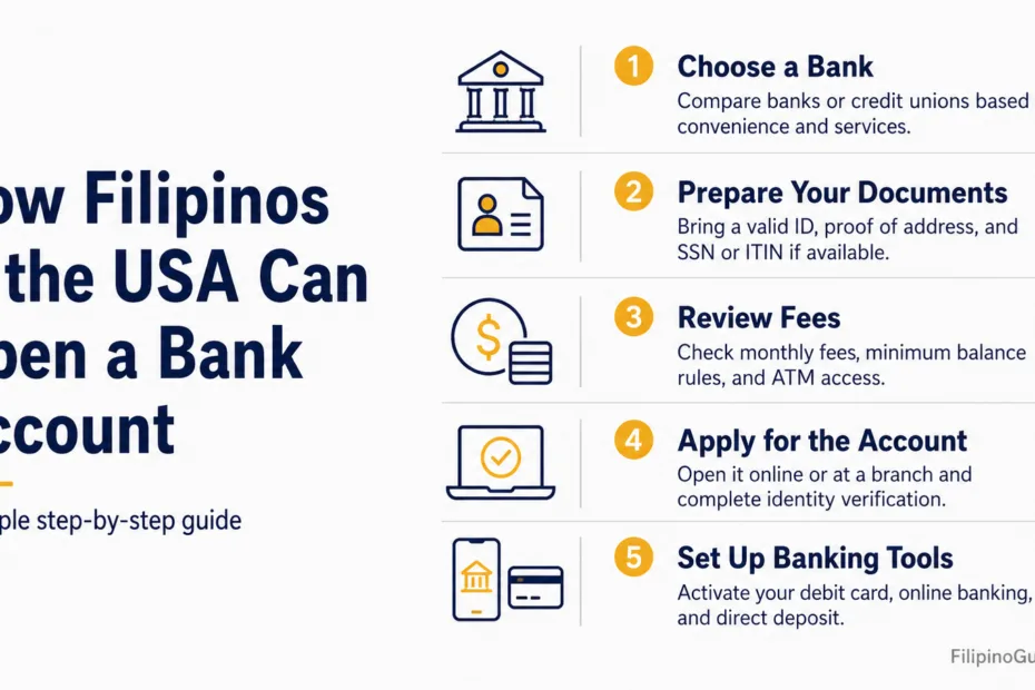 Filipinos in the USA can easily open a bank account following simple steps such as preparing documents and reviewing fees.