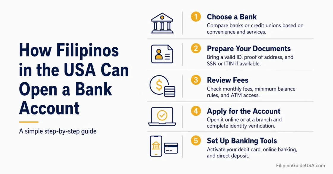 Filipinos in the USA can easily open a bank account following simple steps such as preparing documents and reviewing fees.