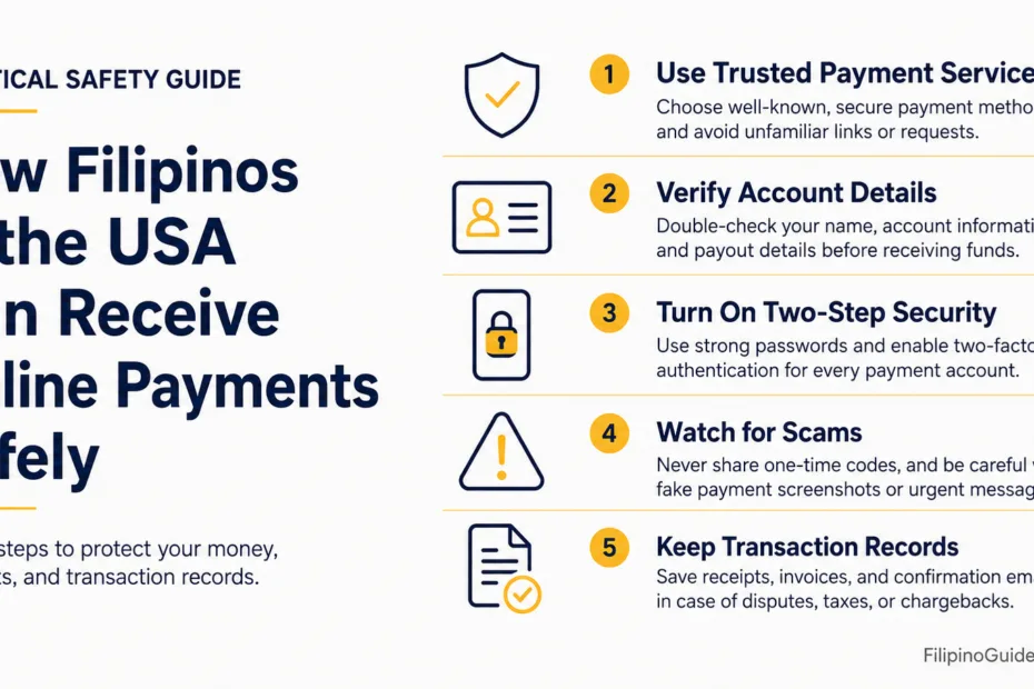Filipinos in the USA can securely receive online payments with trusted methods and proper account verification.