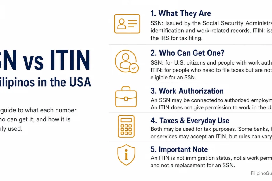Filipinos in the USA choose between SSN and ITIN for work and tax purposes.