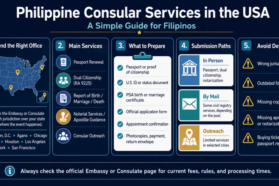 Filipinos in the USA access Philippine consular services for passport, visas, and legal documentation assistance.