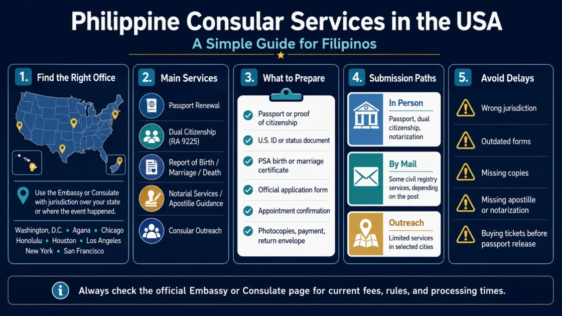 Filipinos in the USA access Philippine consular services for passport, visas, and legal documentation assistance.
