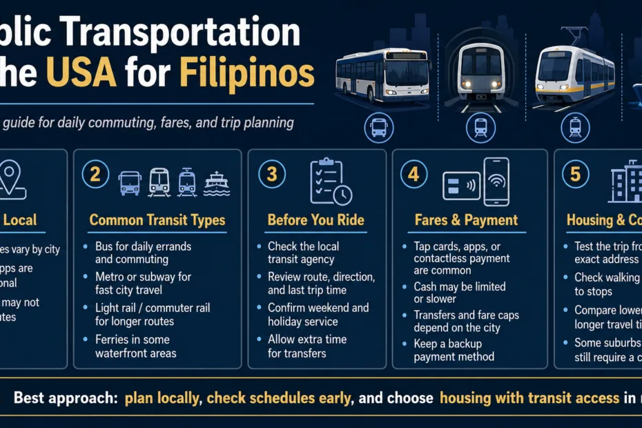 Filipinos in the USA use various public transportation options to travel efficiently across cities and suburbs.