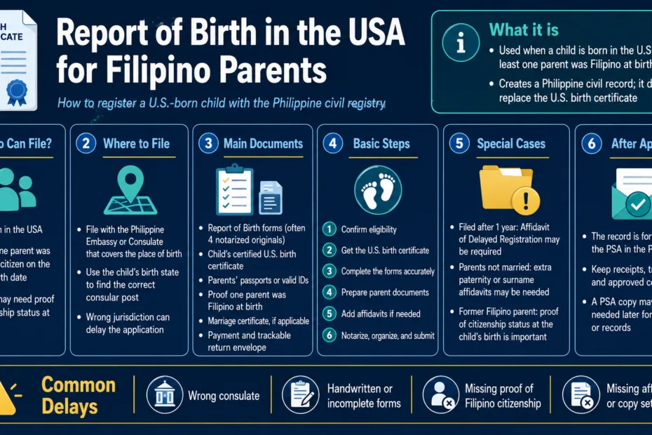 Filipino parents report birth in the USA with easy steps for legal documentation and citizenship benefits.