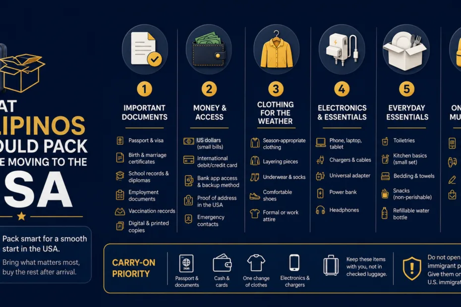 Filipinos preparing to move to the USA should pack essentials like documents, electronics, and clothing for a smooth transition.