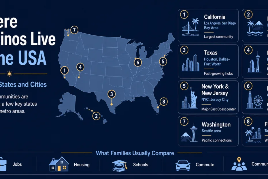 Filipinos living in the USA are concentrated in key states and cities like California, Texas, and New York.