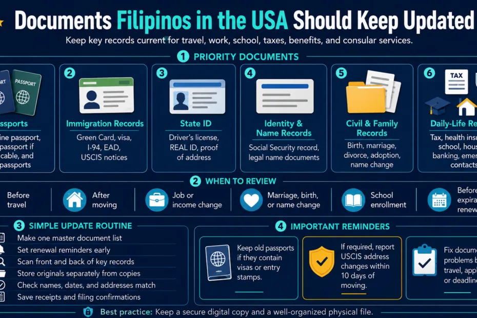 Filipinos in the USA should keep updated documents to ensure smooth travel, work, and legal processes.