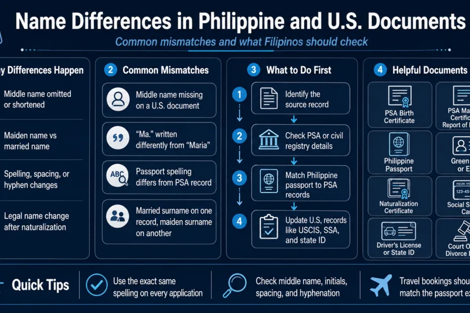Filipinos and Americans often face name differences between Philippine and US documents, impacting identity verification processes.
