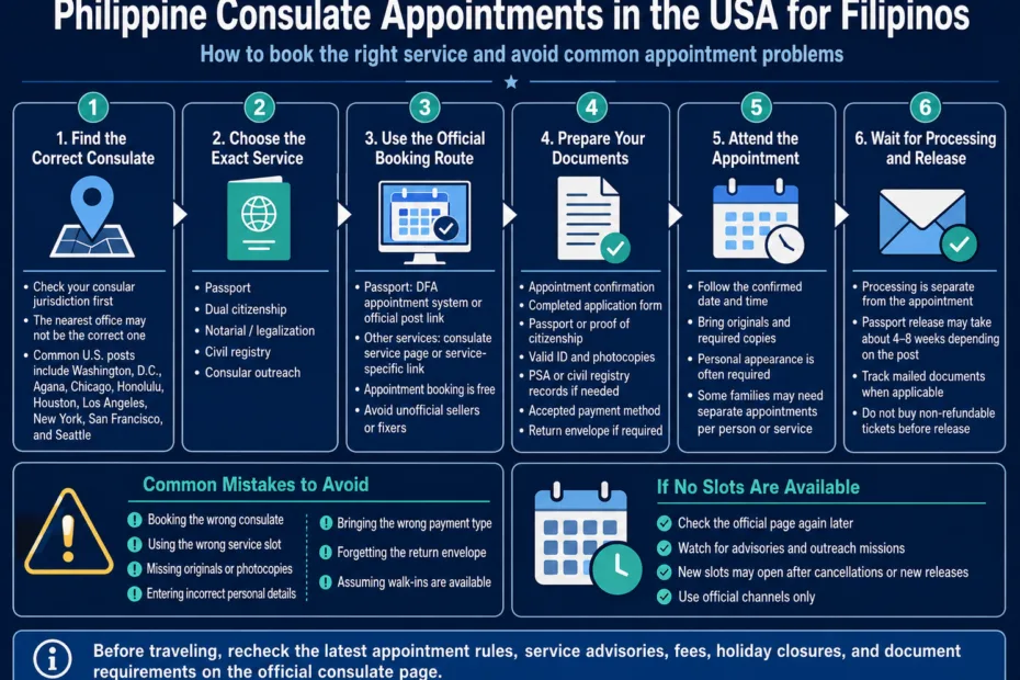Filipino community in the USA schedules Philippine consulate appointments for visa, passport, and documents processing.